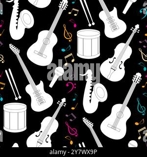 Pattern vettoriale senza cuciture con strumenti musicali e note. Texture musicale ripetuta per lo sfondo. Illustrazione Vettoriale