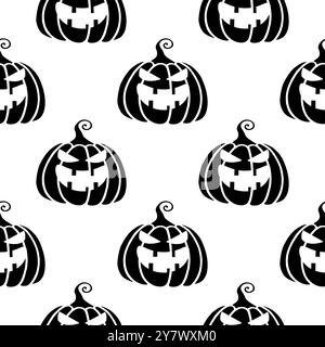 Un motivo bianco e nero senza cuciture con spaventose zucche Jack lantern, perfetto per decorazioni a tema Halloween. Il design ripetitivo per lo sfondo, wa Illustrazione Vettoriale