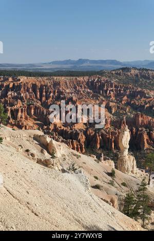 Hoodoos, anfiteatro boschivo e strati geologici stratificati colorati da Bryce Point, Bryce Canyon National Park, Utah sud-orientale. Foto Stock