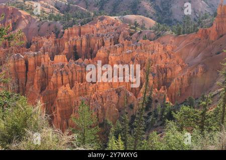 Hoodoos, anfiteatro boschivo e strati geologici stratificati colorati da Bryce Point, Bryce Canyon National Park, Utah sud-orientale. Foto Stock