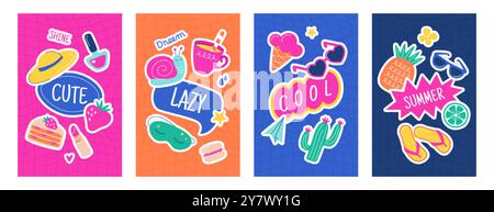 Manifesti con appunti da diario per il pianificatore personale quotidiano, diari, lista delle cose da fare, album di foto. Elementi alla moda disegnati a mano e citazioni ispiratrici per i post sui social media. Etichette d'estate, rilassatevi Illustrazione Vettoriale