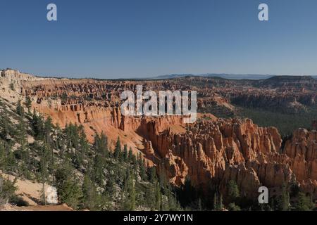 Hoodoos, anfiteatro boschivo e strati geologici stratificati colorati da Bryce Point, Bryce Canyon National Park, Utah sud-orientale. Foto Stock