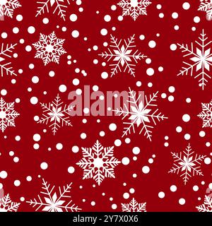 Motivo senza cuciture con fiocchi di neve bianchi e puntini su sfondo rosso. Perfetto per temi di vacanza, design invernali e decorazioni natalizie. Vettore Illustrazione Vettoriale