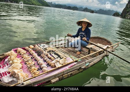 Fornitore in barca nella baia di Halong, Vietnam. Foto Stock