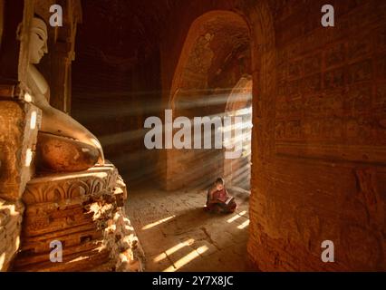 Un giovane monaco di lettura con raggi di sole e in templi di Bagan, Myanmar. Foto Stock