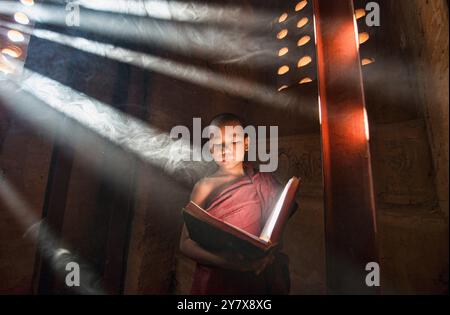 Un giovane monaco di lettura con raggi di sole e in templi di Bagan, Myanmar. Foto Stock