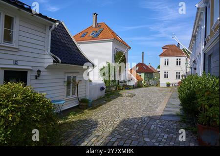 Centro storico di Bergen, strade acciottolate circondate da tradizionali case e piante in legno, atmosfera tranquilla sotto un cielo limpido, Foto Stock