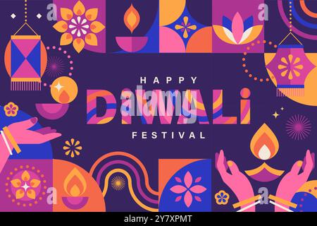 Striscione del festival Diwali, tessera con i simboli delle festività. Illustrazione Vettoriale