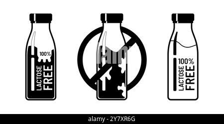 Set di icone per biberon senza lattosio. Etichetta latte 100% senza lattosio, nessun simbolo di lattosio bianco e nero. Segnali per il design del packaging del prodotto. Illustrazione Vettoriale