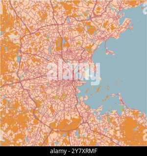 Mappa di Boston in Massachusetts in un tema sabbioso. Contiene vettore stratificato con strade, acqua, parchi, ecc. Illustrazione Vettoriale