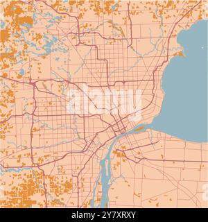 Mappa di Detroit nel Michigan in un tema sabbioso. Contiene vettore stratificato con strade, acqua, parchi, ecc. Illustrazione Vettoriale