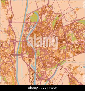 Mappa di Siviglia in Spagna in un tema sabbioso. Contiene vettore stratificato con strade, acqua, parchi, ecc. Illustrazione Vettoriale