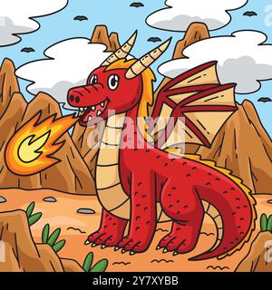 Dragon Breathing Fire colorato Cartoon Illustrazione Vettoriale