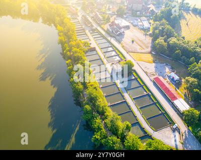 La prospettiva aerea mostra piscine di piscicoltura adagiate contro la vegetazione lussureggiante e l'acqua adiacente a Trebon, Cechia. La disposizione delle piscine evidenzia l'attività di acquacoltura in questo ambiente. Foto Stock