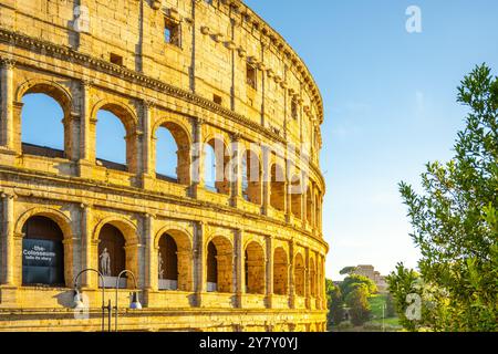 L'antico Colosseo sorge maestosamente a Roma, illuminato dal caldo bagliore del sole della sera. I visitatori possono esplorare i suoi archi storici e i suoi vivaci dintorni, illustrando una bellezza senza tempo. Foto Stock