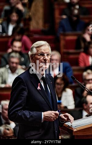 Parigi, Francia. 1 ottobre 2024. Antonin Burat/le Pictorium - discorso di politica generale del primo Ministro Michel Barnier davanti all'Assemblea nazionale francese - 01/10/2024 - Francia/Parigi - il primo Ministro Michel Barnier pronuncia il suo discorso di politica generale di fronte all'Assemblea nazionale francese, il 1° ottobre 2024. Crediti: LE PICTORIUM/Alamy Live News Foto Stock