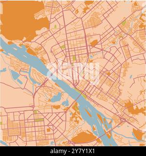 Mappa di Novosibirsk in Russia in un tema sabbioso. Contiene vettore stratificato con strade, acqua, parchi, ecc. Illustrazione Vettoriale