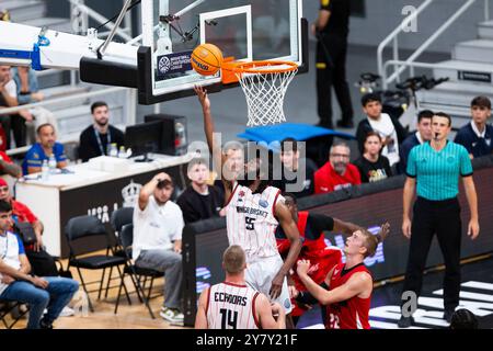 Murcia, Spagna. 1 ottobre 2024. JAVON FREEMAN-LIBERTY, GIOCATORE AMERICANO DEL BASKET DI MANISES, DURANTE LA PARTITA, UCAM MURCIA CB vs MANISA BASKET, Basketball Champions League First Match, Murcia Sports Palace, regione di Murcia, 01 ottobre 2024 crediti: Pascu Méndez/Alamy Live News Foto Stock