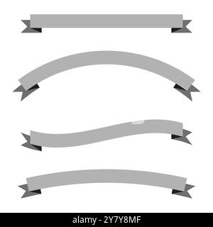 Striscioni a nastro curvi. Nastro grigio con estremità piegate. Set di quattro nastri vettoriali. Elementi decorativi per striscioni. Illustrazione Vettoriale