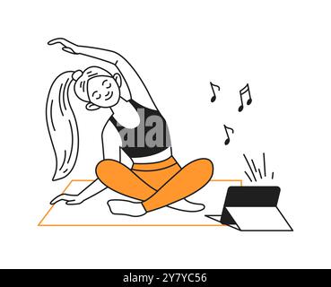 Giovane donna che pratica yoga online icona vettoriale lineare Illustrazione Vettoriale