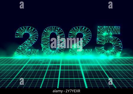 Auguri di buon anno 2025, numeri da una rete poligonale a reticolo con fumo verde. Sfondo astratto. Illustrazione vettoriale. Illustrazione Vettoriale