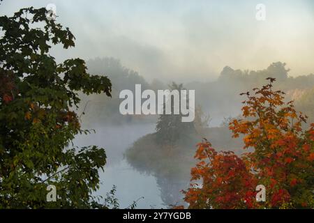 Tranquillo paesaggio autunnale mattutino con nebbia su un lago tranquillo e vibrante fogliame autunnale che riflette la bellezza naturale Foto Stock
