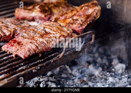 Carne arrosto alla griglia. Barbecue, cucina a base di carne barbecue. Asado tradizionale dell'Argentina, del Paraguay e dell'Uruguay. Formato orizzontale. Foto Stock