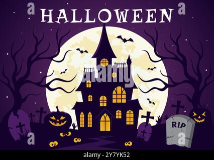 Happy Halloween Night Vector Illustration con le zucche al chiaro di luna, i fantasmi e altri elementi spettrali sullo sfondo piatto del cartone animato Illustrazione Vettoriale