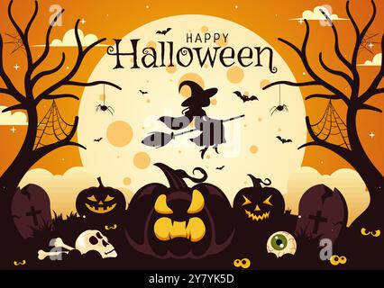 Happy Halloween Night Vector Illustration con le zucche al chiaro di luna, i fantasmi e altri elementi spettrali sullo sfondo piatto del cartone animato Illustrazione Vettoriale