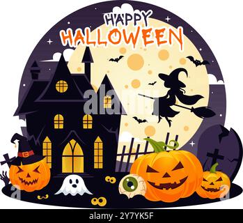 Happy Halloween Night Vector Illustration con le zucche al chiaro di luna, i fantasmi e altri elementi spettrali sullo sfondo piatto del cartone animato Illustrazione Vettoriale