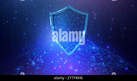Mappa futuristica del pianeta con schermo in polietilene basso a reticolo. Globalizzazione mondiale Internet e tecnologia, sicurezza informatica. Sfondo astratto con Illustrazione Vettoriale