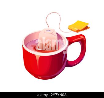 La bustina di tè è immersa in una tazza rossa riempita di acqua calda. Sacchetto di tè per bevande a base di erbe con un cordoncino e un cartellino, cattura un momento caldo e rilassante durante la preparazione del tè, la preparazione e il processo di cottura Illustrazione Vettoriale