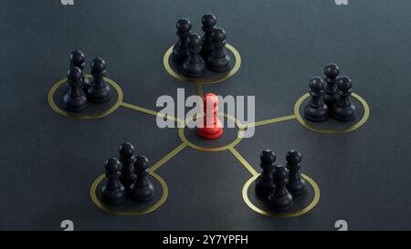 Gruppi organizzati gestiti da un leader. Illustrazione 3D dei pedoni con colori diversi.rendering 3D su sfondo nero. Foto Stock