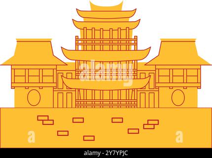 Edificio culturale tradizionale cinese, architettura cinese, stile orientale, destinazione turistica, set di icone di design Illustrazione Vettoriale