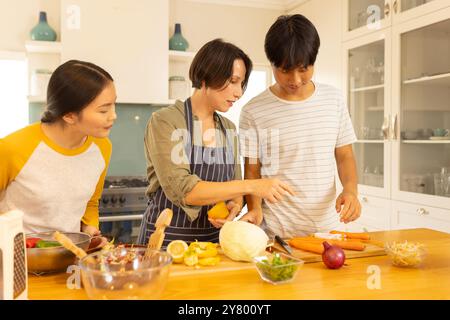 Cucinare insieme, famiglia multirazziale preparare verdure in cucina, divertirsi insieme Foto Stock
