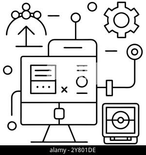 Illustrazione grafica semplificata che raffigura un sistema automatizzato con caricamento dei dati. elaborazione. e output. Perfetto per la visualizzazione dell'elaborazione dei dati. a. Illustrazione Vettoriale