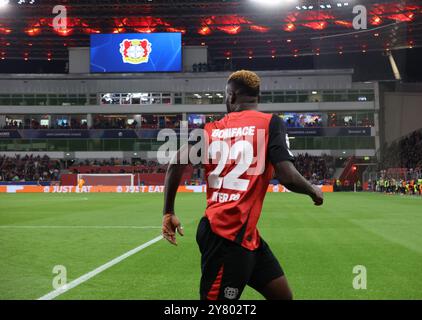 Leverkusen, Germania. 1 ottobre 2024. Leverkusen, Germania. 1 ottobre 2024. Victor Boniface (Bayer) festeggia dopo aver segnato per 1-0, Champions League, giorno 2 della partita, Bayer 04 Leverkusen vs AC Milan, Leverkusen, Germania, 01mzz2024. Crediti: Juergen Schwarz/Alamy Live News Foto Stock