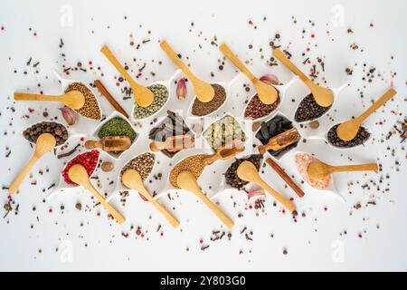 Una grande selezione di diverse spezie esotiche in piccole ciotole di porcellana bianca e alcune grandi ciotole con piccoli cucchiai di legno e molti grani di pepe sparsi Foto Stock