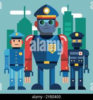 Tre robot amichevoli in uniforme della polizia si trovano di fronte allo skyline della città. L'illustrazione è perfetta per i concetti relativi all'IA. tecnologia. sicurezza. Illustrazione Vettoriale