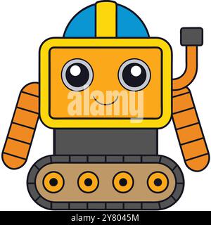 Simpatico robot cartoni animati con un'espressione allegra. indossa un casco e un battistrada blu e giallo. Perfetto per i libri per bambini. siti web. e tappetino didattico Illustrazione Vettoriale