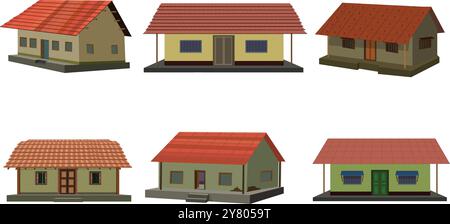 Una collezione di case del villaggio con tetto in piastrelle rosse. capanna con pareti di fango. casa di argilla isolata su sfondo bianco. Le icone delle capanne sul tetto in piastrelle rurali indiane si raccolgono Illustrazione Vettoriale