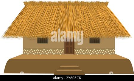 Capanna del villaggio indiano di Treditional con tetto di paglia su sfondo bianco isolato. Cottage rurale. povera casa dei contadini Illustrazione Vettoriale