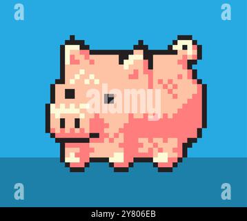 Illustrazione in pixellato del maiale rosa. Animale di maiale da fattoria in stile pixel art per giochi e icona per il sito web. Illustrazione Vettoriale