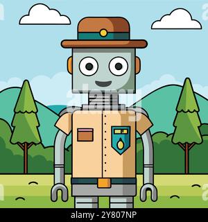 Robot ai amichevole che indossa un cappello da ranger e un'uniforme. in un bellissimo ambiente forestale. Ideale per i libri per bambini. materiale didattico. e ballo Illustrazione Vettoriale