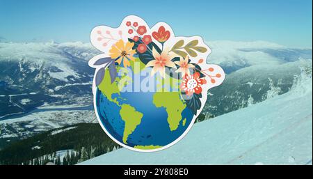 Immagine del pianeta terra con fiori sopra il paesaggio innevato delle montagne Foto Stock