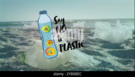 Immagine di dire no al testo di plastica e di una bottiglia con pesce sopra i rifiuti sulla spiaggia Foto Stock