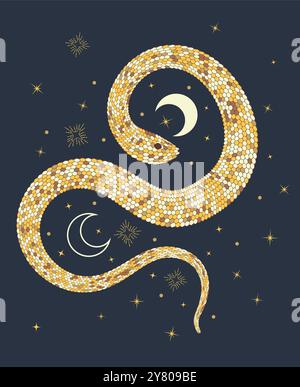 Serpente strisciante stilizzato di colore oro giallo. Illustrazione astratta per sublimazione, poster e stampe. Illustrazione decorativa del serpente con oro Illustrazione Vettoriale