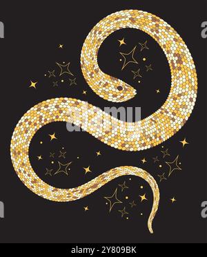Serpente strisciante stilizzato di colore oro giallo. Illustrazione astratta per sublimazione, poster e stampe. Illustrazione decorativa del serpente con oro Illustrazione Vettoriale