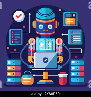 Un robot amichevole funziona su un notebook in una sala server. circondato da dati e sistemi. Sottolineare il ruolo dell'intelligenza artificiale nella tecnologia moderna. Illustrazione Vettoriale