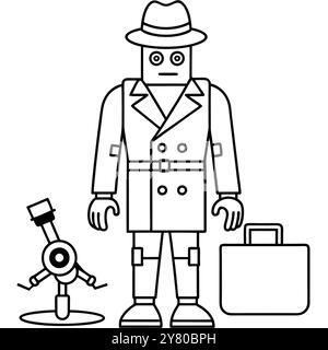 Un cartone animato che raffigura un detective robotico con un fedora e un trench. trasportare una valigetta e tenere in mano un dispositivo. Perfetto per aggiungere divertimento. futuri Illustrazione Vettoriale